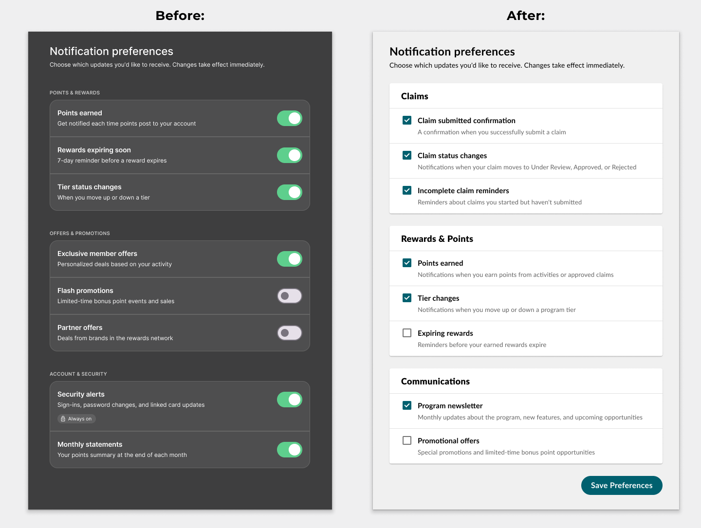 Recreated example, not the actual product or design system. Before: dark mode, switch style toggles, no save link, irrelevant content. After: consistent colors, consistent spacing, relevant content, consistent use of surfaces and save button