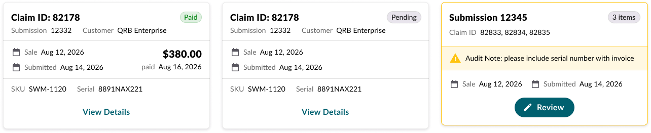 The same claim card shown across three statuses: approved, in review, and needs action — same layout, different status treatment.