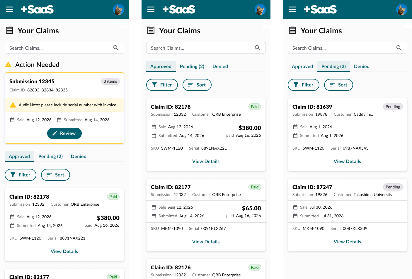 Recreated mobile mockup of the claims resolution flow: checking a claim's status and resolving what's needed, on a phone.
