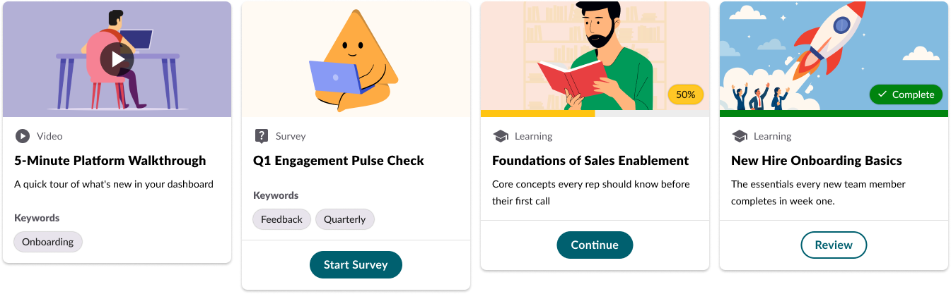 Four library cards demonstrating the adaptive card component across content types and states: a Video card, a Survey card not yet started with a Start Survey button, a Learning card at 50% progress with a Continue button, and a completed Learning card with a Review button.