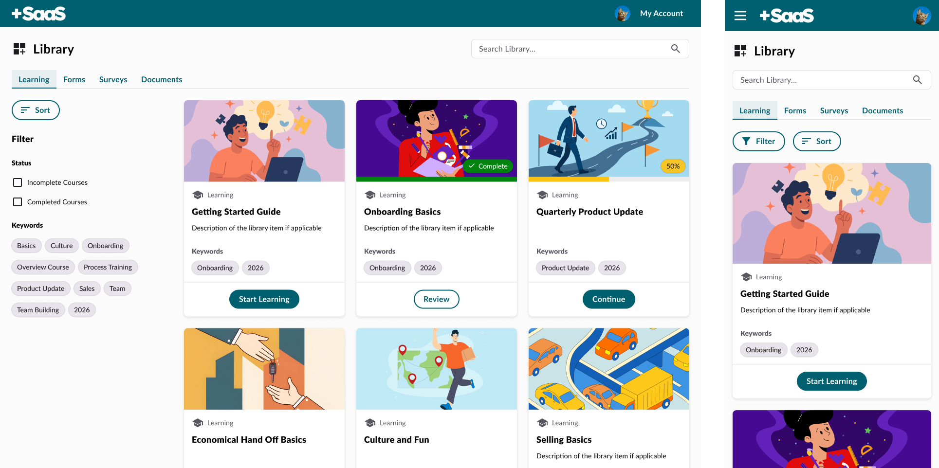 Recreated desktop mockup of the redesigned Library: a tab bar for Learning, Forms, Surveys, and Documents, a filter sidebar with status and keyword filters, and a grid of six adaptive cards showing a mix of not-started, in-progress, and completed states.