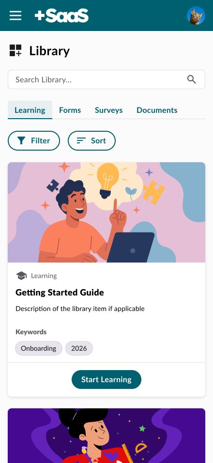 Library Learning tab on mobile, showing a Getting Started Guide card with a Start Learning button.