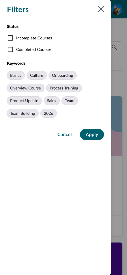 Library filters panel on mobile, with status checkboxes and keyword tags, plus Cancel and Apply buttons.