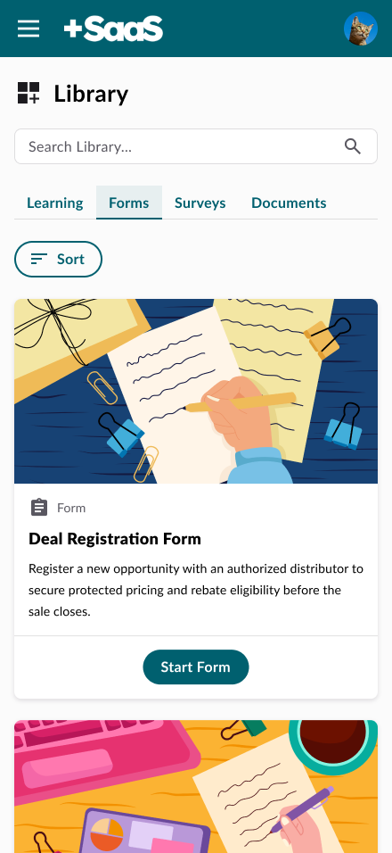 Library Forms tab on mobile, showing a Deal Registration Form card with a Start Form button.