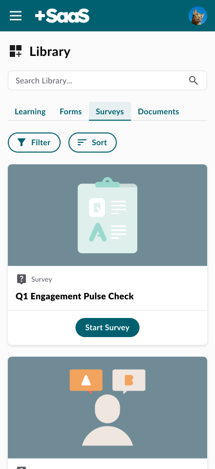Library Surveys tab on mobile, showing a Q1 Engagement Pulse Check card with a Start Survey button.