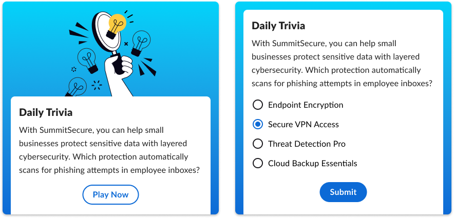 Daily Trivia card in two states: unanswered, prompting the user to play, and after answering incorrectly, showing the wrong choice marked and the correct answer highlighted with an explanation.
