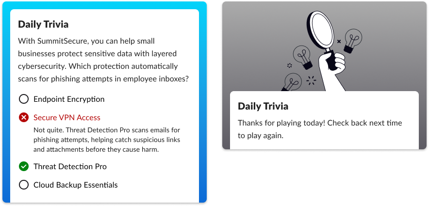 Daily Trivia after an incorrect answer, showing the correct choice and an explanation, and the end-of-day thanks-for-playing message.