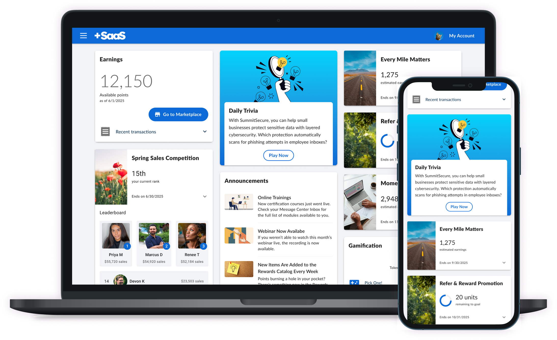 The Daily Trivia card shown in context on the incentives dashboard, on both desktop and mobile.